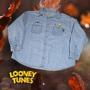 2001 Looney Tunes Chambray L/s Button Down Shirt Leaves Tweety Bird Embroidery L